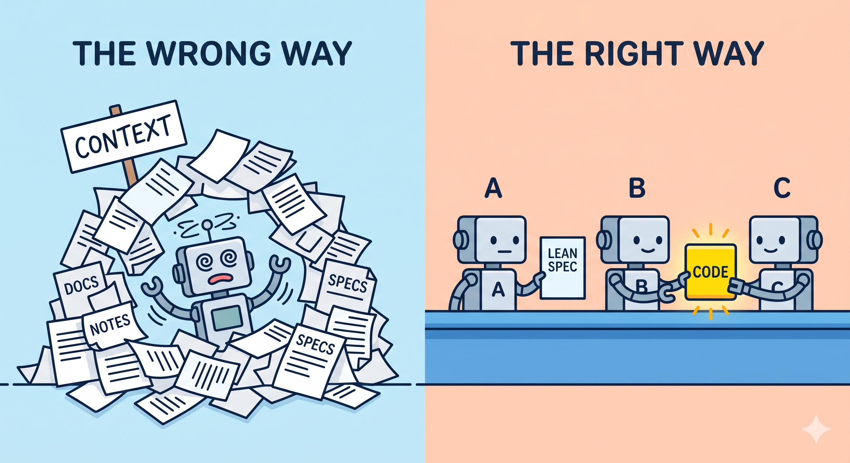 A minimalist "Tech Cartoon" side-by-side comparison of the "wrong way" with a single overwhelmed agent vs the "right way" with a system of coordinated agents.