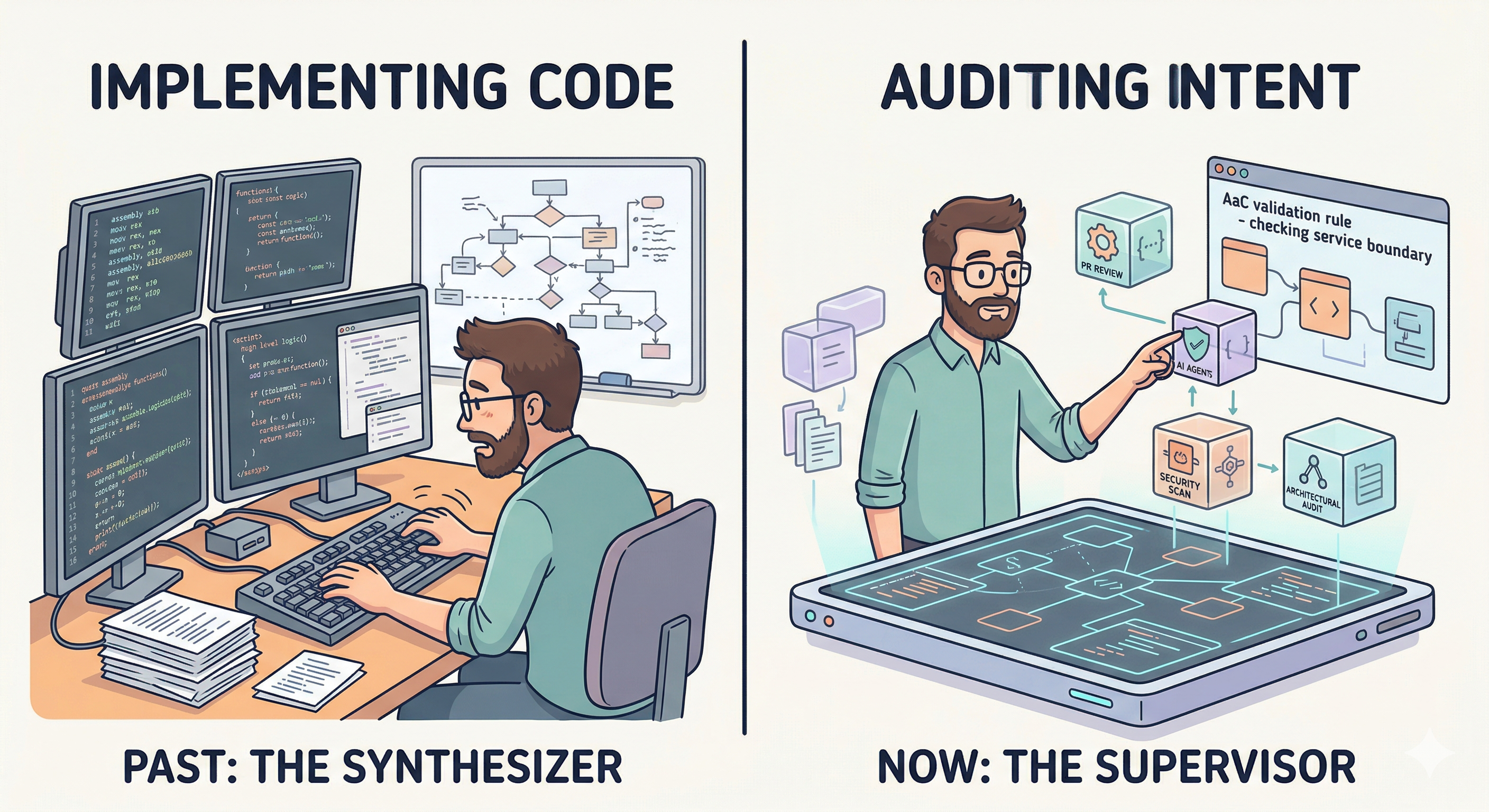 A side-by-side technical cartoon comparison: The left panel shows a software engineer "The Synthesizer" manually writing lines of code on multiple monitors. The right panel shows a modern "Sovereign Architect" supervising a digital console where autonomous AI agents perform PR reviews, security scans, and Architecture-as-Code (AaC) validation.