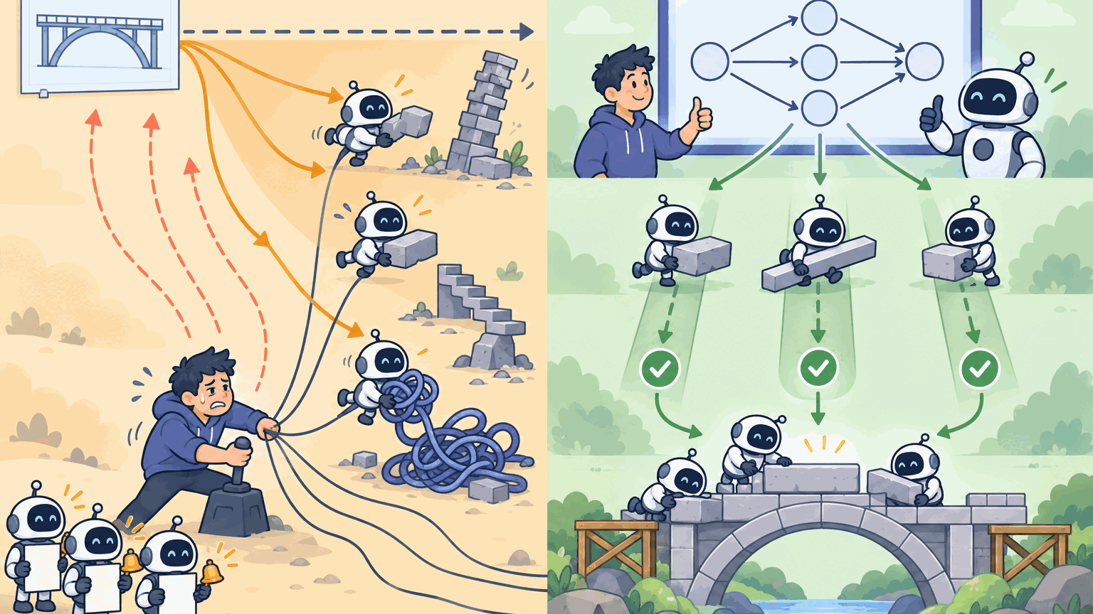 Ilustración comparativa: a la izquierda un ingeniero corrigiendo a un agente que se desvió de un plan gigante; a la derecha, planes cortos en vertical slices validados por tests que el agente completa solo