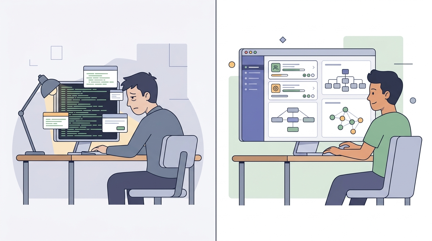 Side-by-side technical cartoon: left shows an exhausted developer buried under terminal text walls, right shows an engineer using an interactive multi-project Artifacts Manager dashboard with visual architecture diagrams